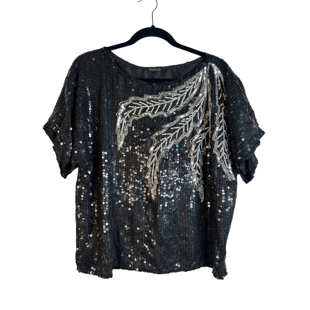 Vintage Women's Black Silver Sequin Silk Beaded Leaf Short Sleeve Top Size Large - Picture 2 of 6